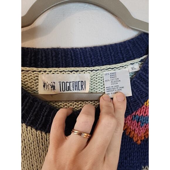 VINTAGE 90s TOGETHER Floral Chunky Knit Cardigan Sweater XL Teddy Bear - Picture 5 of 7